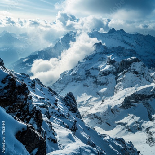 A cloudy view of the Swiss Alpine range in Titlis, Switzerland.