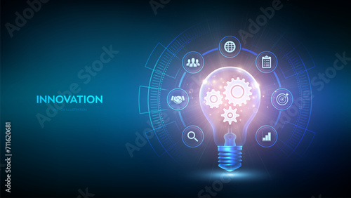 Innovation. Business innovative idea and solution technology concept. Creative Idea, inspiration. Brainstorming. Creativity. Light bulb with gears cogs inside. Creative Thinking. Vector illustration.