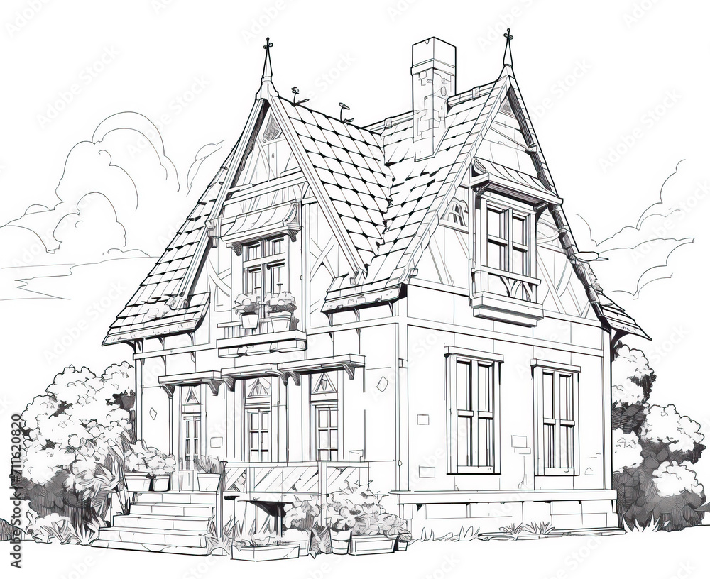 Black and white illustration for coloring house, building.