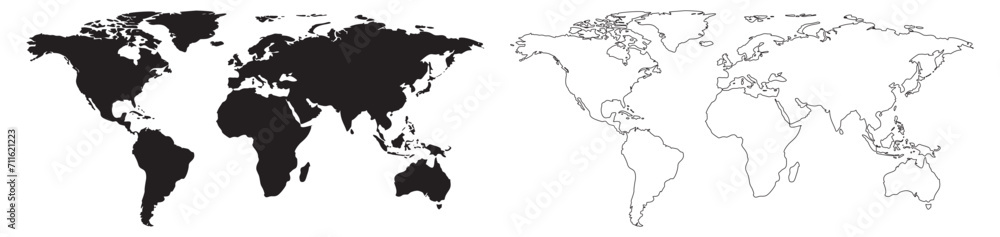 Obraz premium World map on isolated background. Blank outline map of World. Similar black world map for infographic. Vector illustration.