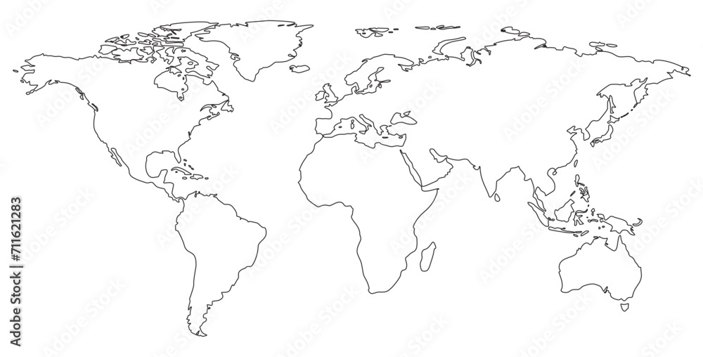 World map on isolated background. Blank outline map of World. Vector illustration