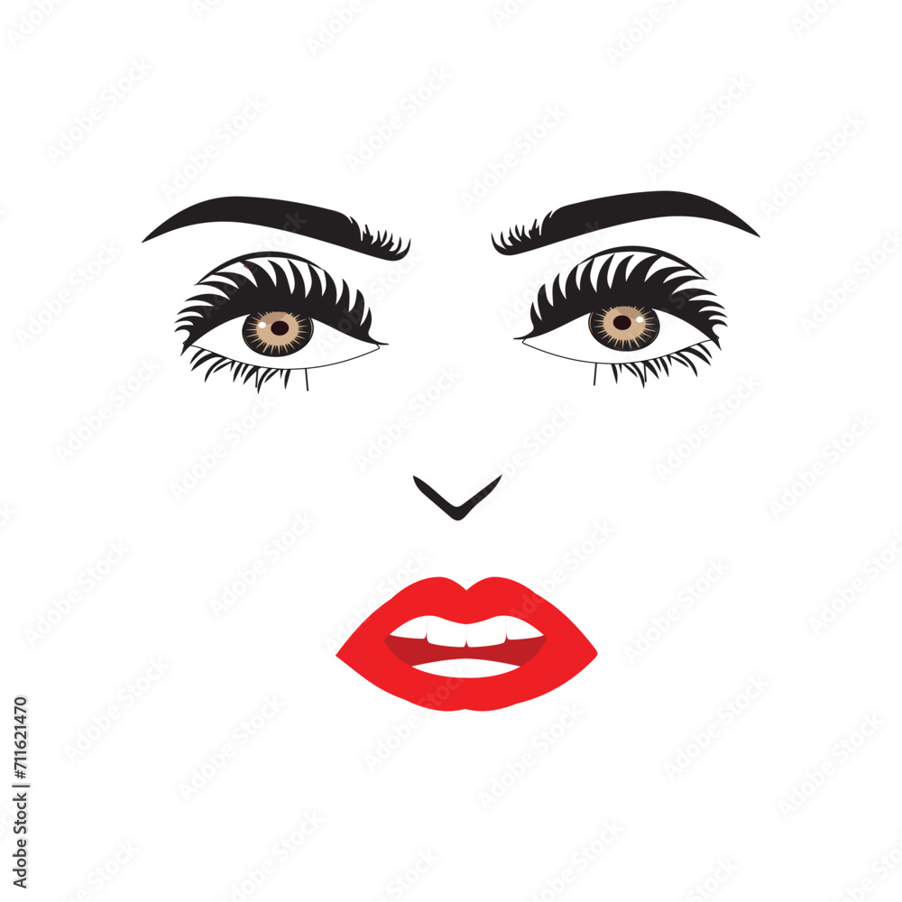 Beautiful woman face with red lips vector. Fashion model face close up, vector illustration. Beautiful woman face Eyebrow eyelashes sexy lips. EPS10. Beautiful woman face with red lips vector. Fashion model face close up, vector illustration. Beautiful woman face Eyebrow eyelashes sexy lips. EPS10.