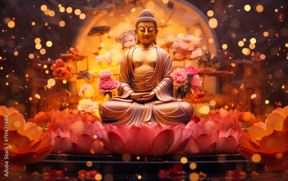 Buddha statue with flowers and leafs on light background. Buddha statue with flowers and leafs on light background.