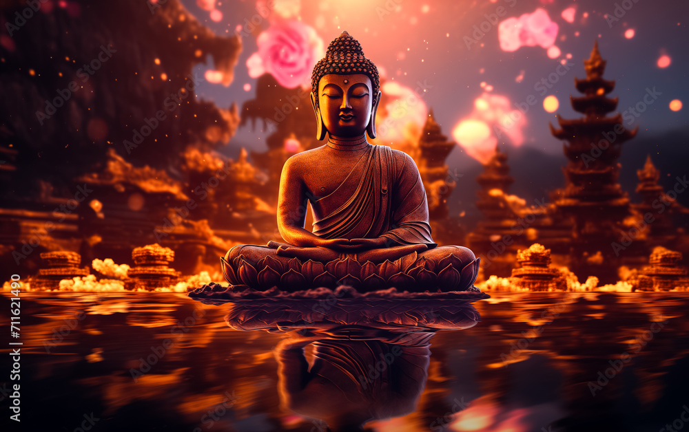 Buddha statue with flowers and leafs on light background.
