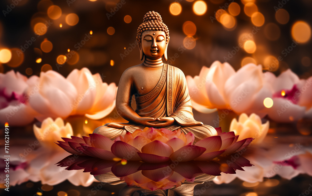 Buddha statue with flowers and leafs on light background.