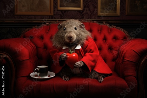 Elegant anthropomorphic woodchuck dressed in red suit holding a red heart shaped decorative apple, sitting on the red sofa, humorous banner and card for Saint Valentine's Day photo