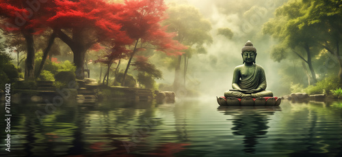 Buddha statue in the forest with sunlight. nature background.