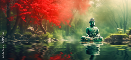 Buddha statue in the forest with sunlight. nature background.