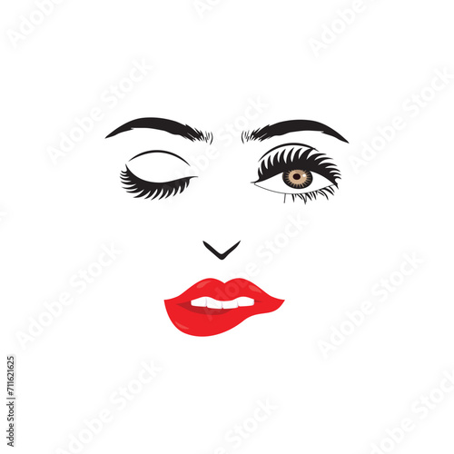 Beautiful woman face with red lips vector. Fashion model face close up  vector illustration. Beautiful woman face Eyebrow eyelashes sexy lips. EPS10.