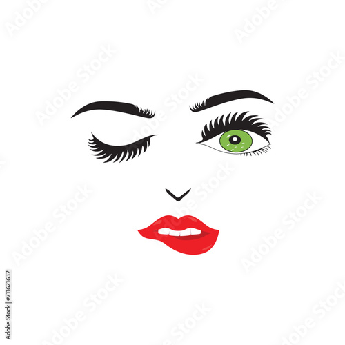 Beautiful woman face with red lips vector. Fashion model face close up  vector illustration. Beautiful woman face Eyebrow eyelashes sexy lips. EPS10.