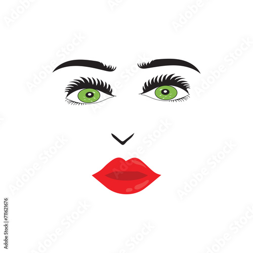 Beautiful woman face with red lips vector. Fashion model face close up, vector illustration. Beautiful woman face Eyebrow eyelashes sexy lips. EPS10.