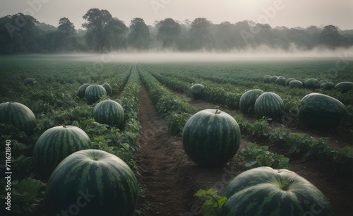 Green Watermelon Patch with Country Road in Morning Fog