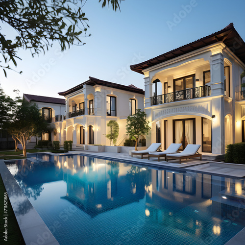 Luxury exotic mediterranean villa home or summer holiday residence with pool at sea shore. © Andrei