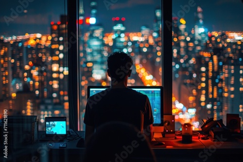 Back view of a young man sitting in front of a computer monitor and looking at the city at night
