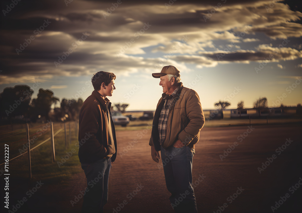 Talking friendly between generations. South Australian old dad and young son chatting and communicating to each other.