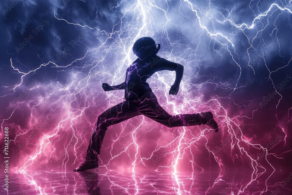 person in a dancing pose surrounded by electric storm person in a dancing pose surrounded by electric storm