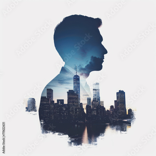 Silhouette businessman with double exposure of cityscape