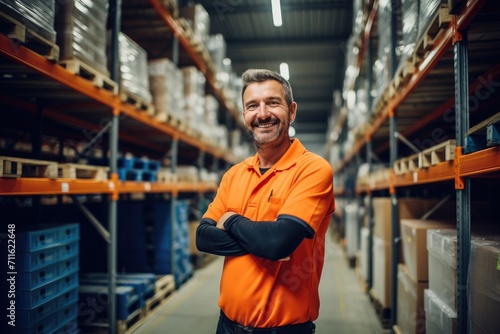 a smiling warehouse worker standing in an orange shirt near large shelves full of racking