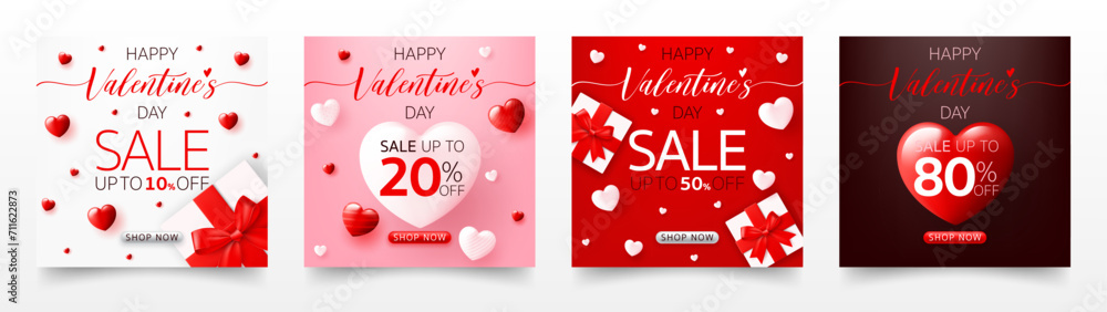 Set of 3D Happy valentine’s day sale banner template. special discount promotion sale offer with cute gift box, heart background for valentine online shop, store, advertising card, social media post - obrazy, fototapety, plakaty 