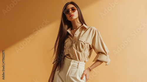 young woman fashion model posing in studio