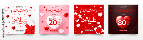 Set of 3D Happy valentine’s day sale banner template. special discount promotion sale offer with cute gift box, heart background for valentine online shop, store, advertising card, social media post photo