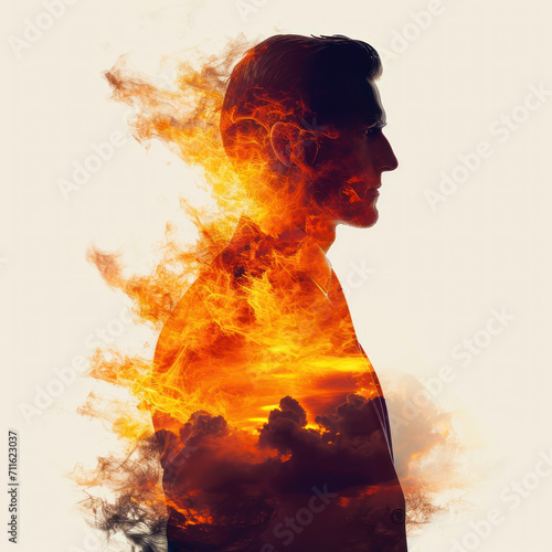 Silhouette businessman with double exposure burning fire