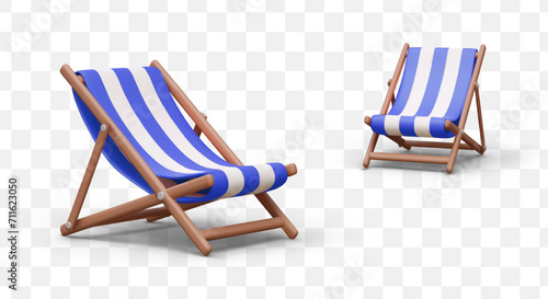 Realistic wooden deck chair for outdoor recreation. Blue and white striped folding lounger. Set of beach furniture in different positions. Empty hammock chair photo