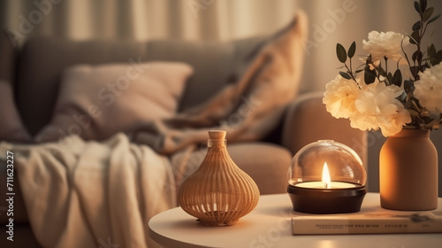 Spa equipment,Warm and inviting home setting featuring a lit candle, fresh flowers in a vase, and a comfortable couch with pillows. photo