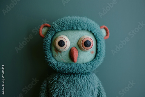 blue fuzzy creature with large eyes and tiny ears on grey