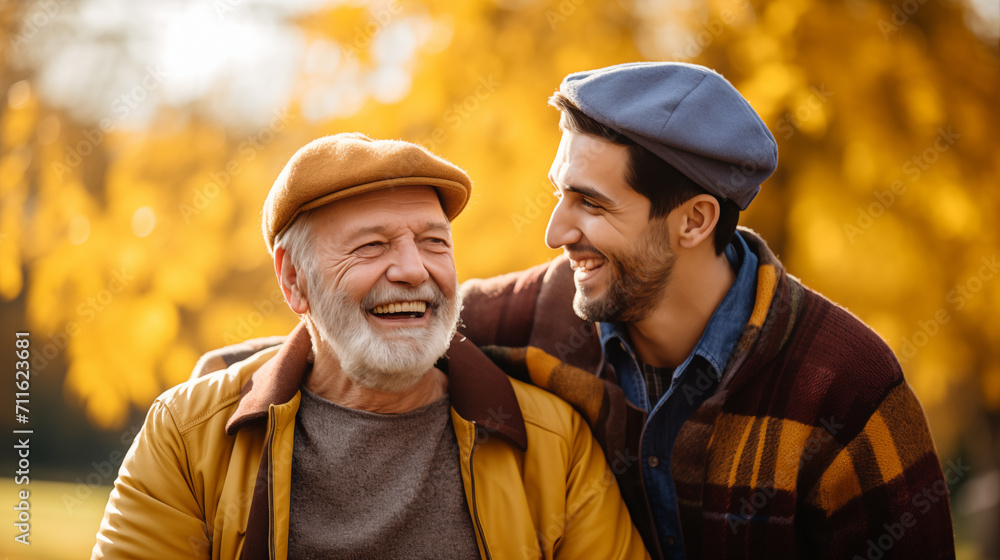 Happy Senior Man with Adult Son Enjoying Autumn Together Happy Senior Man with Adult Son Enjoying Autumn Together