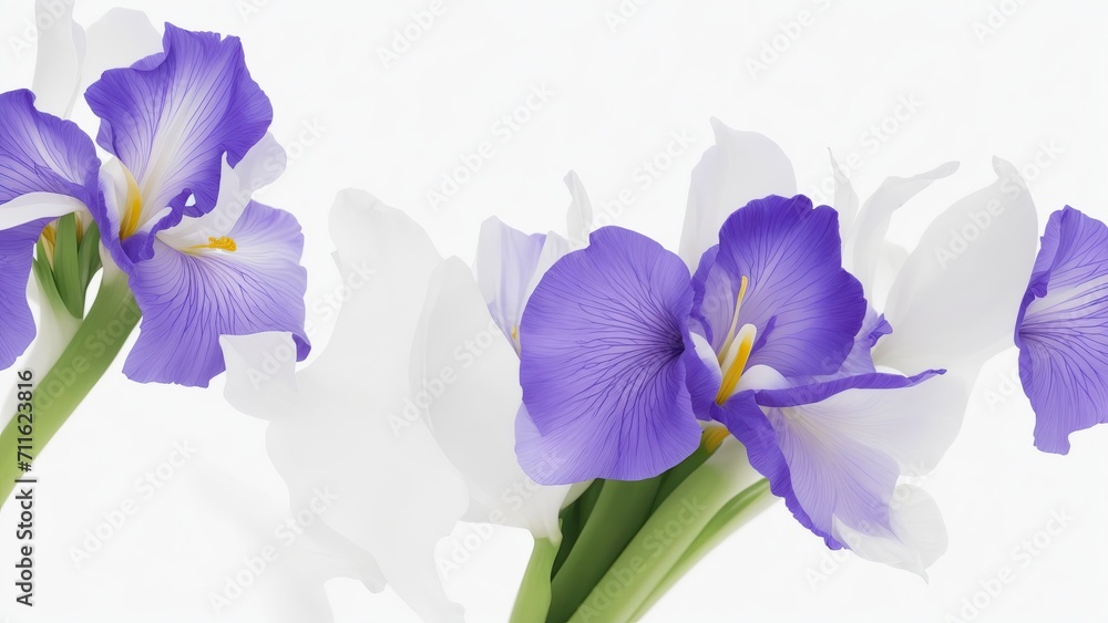 Beautiful Iris flowers on white surface