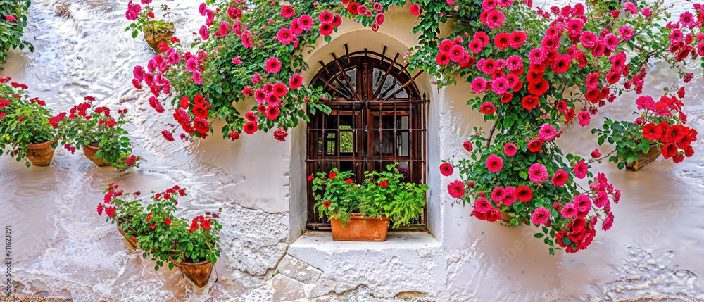 white washed wall with potted geraniums