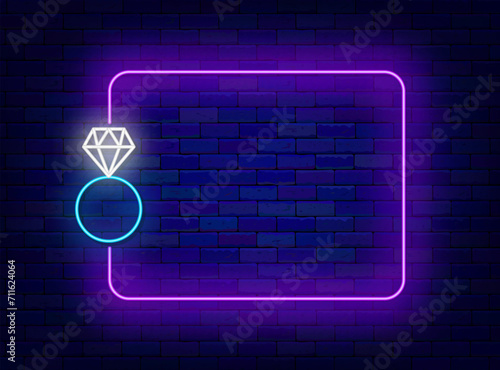 Happy Valentines day neon banner. Jewelry store flyer. Marriage engagement concept. Romantic Vector illustration