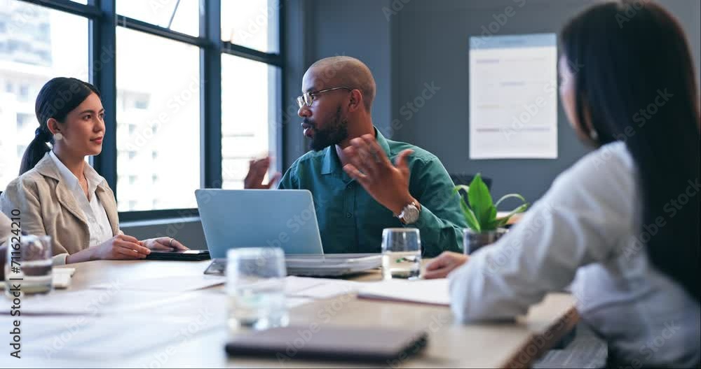 Business people, manager and teamwork in meeting for planning, discussion and feedback at copywriting agency. Professional leader speaking, advice and project ideas for website with team listening