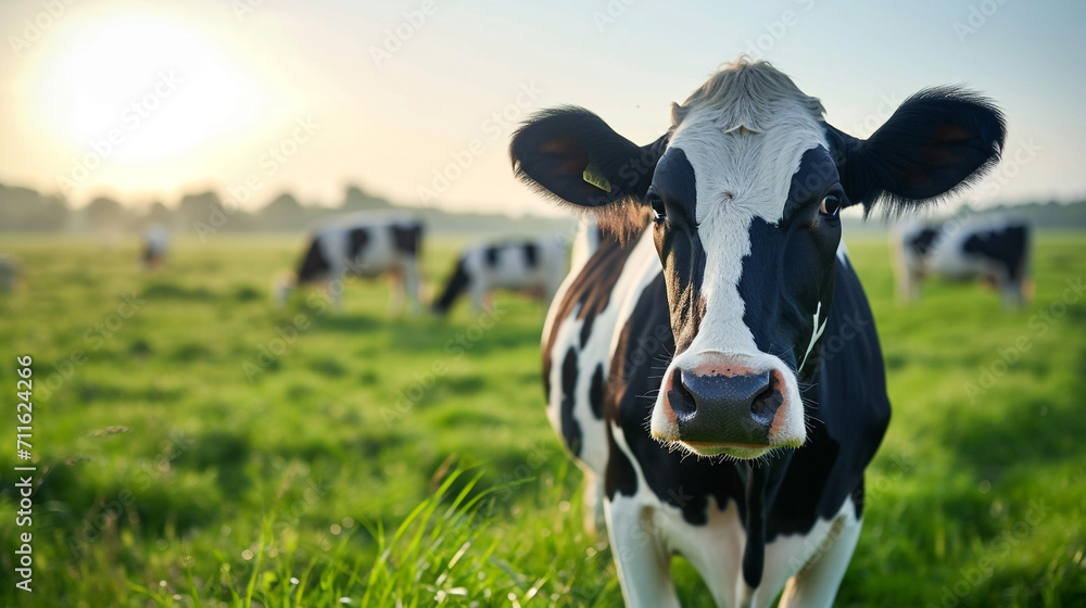 a group of black white cow in the green grass field