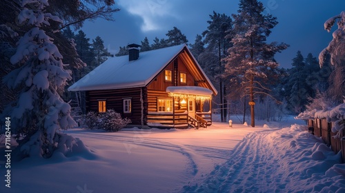 Cozy cabin in snowy landscape with warm lights during winter holidays.