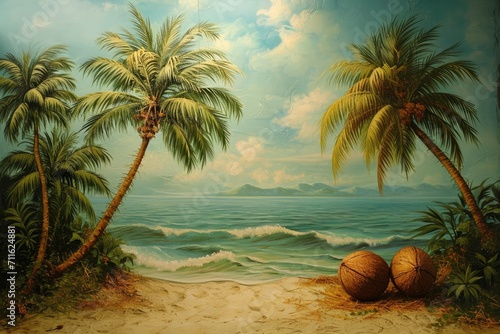detailed and colorful painting of a serene tropical beach scene