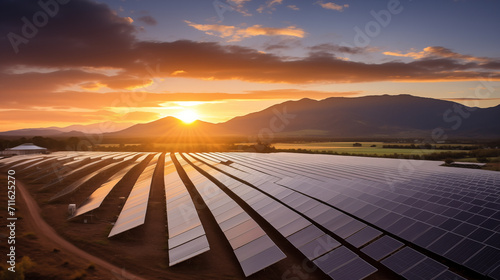 Sustainable concept ,A vast solar farm with rows of panels capturing the sunset glow against a dramatic mountain landscape, showcasing renewable energy.