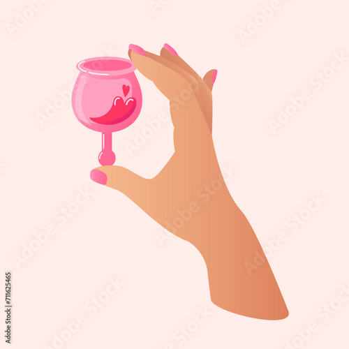 A womans hand holds a menstrual cup. Hygiene product. Women Health. Reasonable consumption. Reducing waste. Ecological, reusable. Female reproductive system, cycle. Vector, cartoon style © Любовь Кондратьева