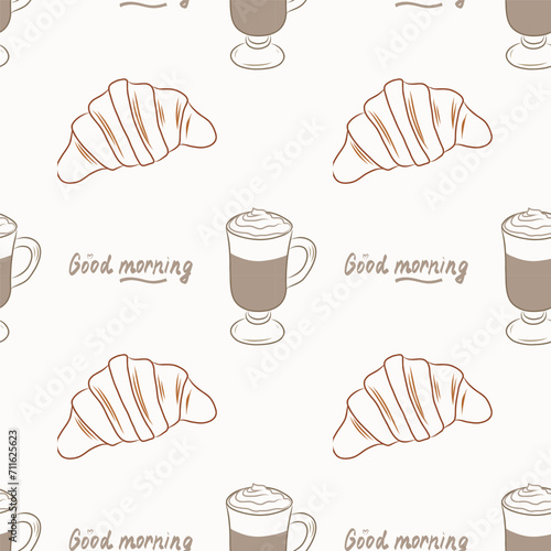 Vector pattern of coffee, croissants
