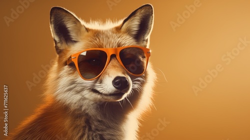 A fox wearing sunglasses. Close-up portrait of a fox. An anthopomorphic creature. A fictional character for advertising and marketing. Humorous character for graphic design.