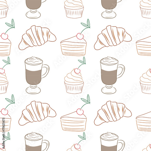 Vector pattern of coffee, croissants, muffins
