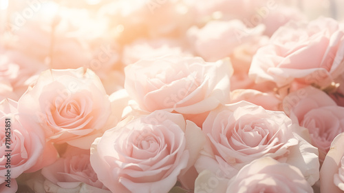 A bouquet of delicate pink roses illuminated by a soft  warm light  creating an intimate and romantic floral scene.