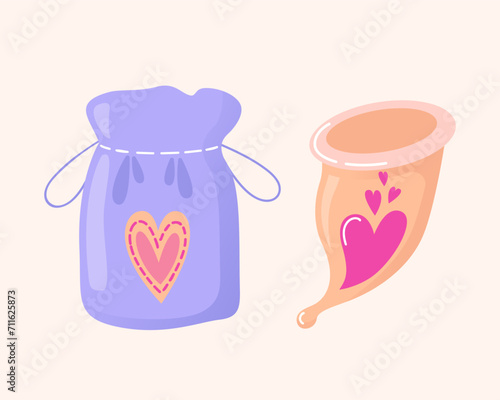 Menstrual cup, storage pouch. Hygiene product. Women Health. Reasonable consumption. Reducing waste. Ecological, reusable. Female reproductive system, cycle. Vector, cartoon style Peach Fuzz © Любовь Кондратьева