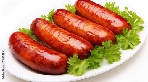 Grilled sausage on a plate with parsley greens on a white background. Juicy barbecue sausages. Food and kitchen concept. Illustration for banner, poster, cover, brochure or presentation.