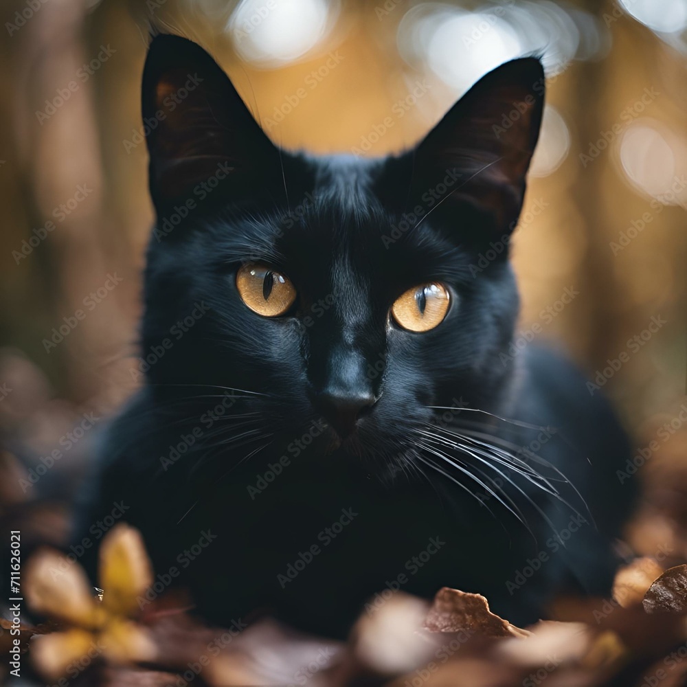 AI generated illustration of a black cat with yellow eyes resting in autumn leaves