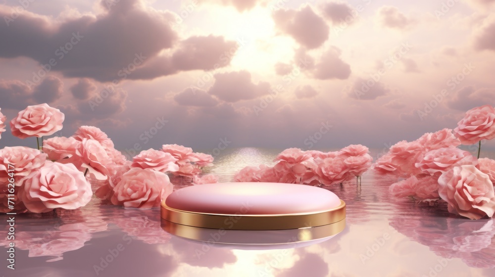 A tranquil scene of soft pink roses with podium against a sunrise backdrop background A tranquil scene of soft pink roses with podium against a sunrise backdrop background