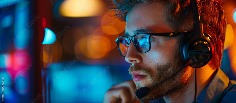 Portrait of young call center operator with headset working in office. Portrait of young call center operator with headset working in office.