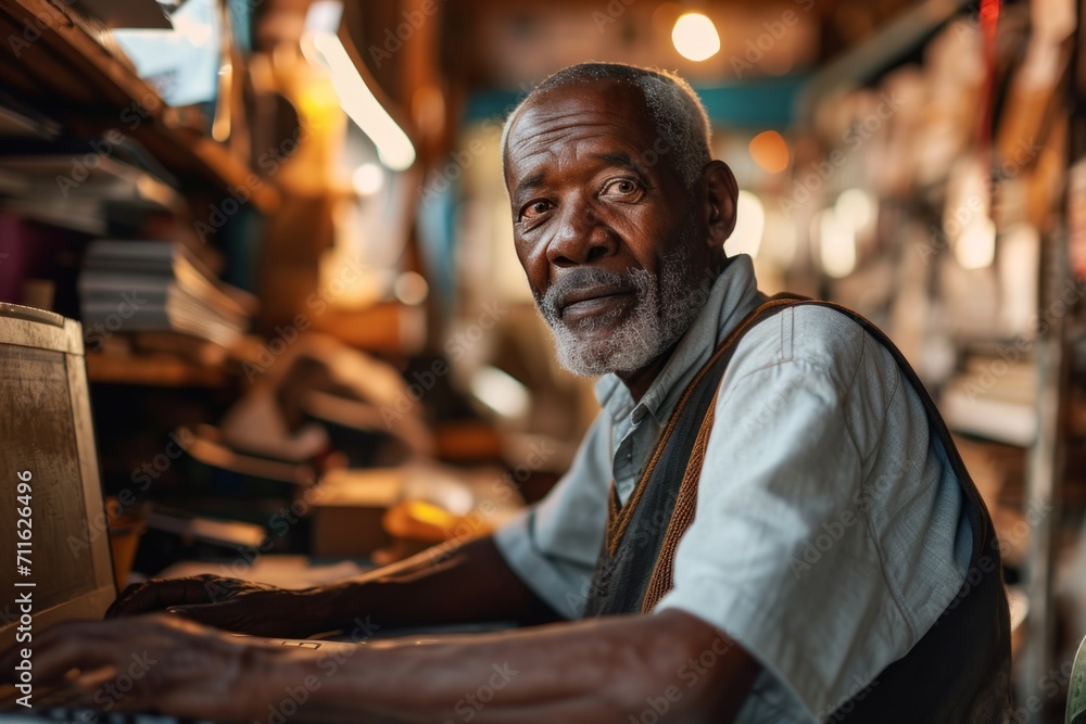 A black senior male business owner runs a successful online and brick-and-mortar business. A black senior male business owner runs a successful online and brick-and-mortar business.