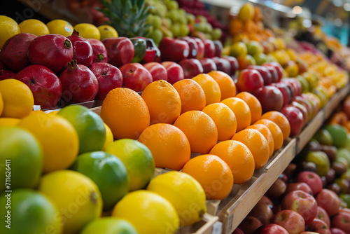 Colorful array of fresh fruits arranged neatly on a market stall  highlighting healthy choices.